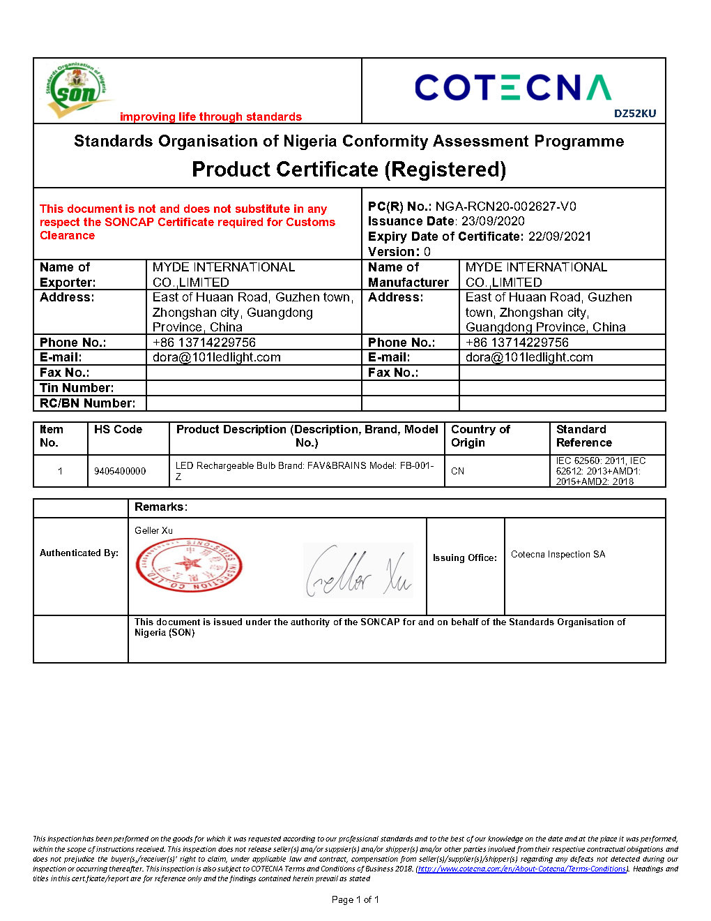 SONCAP CERTIFICATE